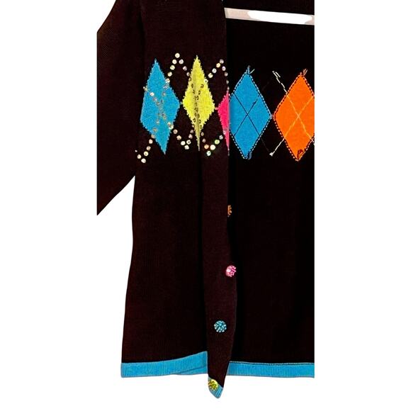 Vintage Jack B Quick Argyle Black Pink Green Blue Cardigan Sweater Medium - Picture 5 of 6
